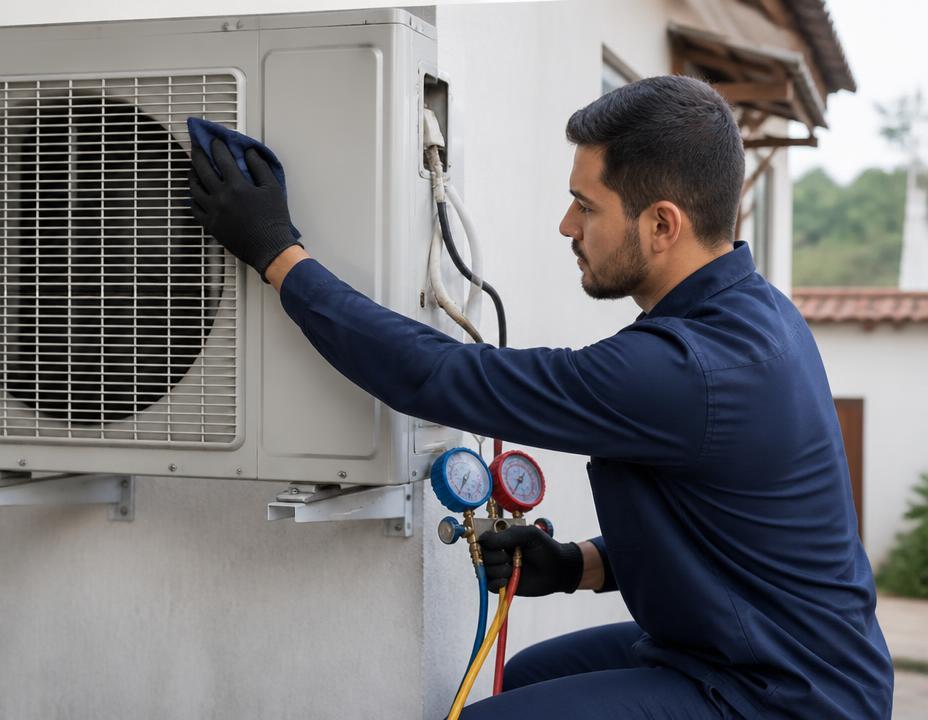 Técnico da Termion Engenharia realizando manutenção em condensadora de ar-condicionado