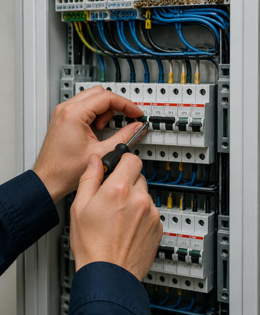 Eletricista realizando manutenção em quadro de distribuição